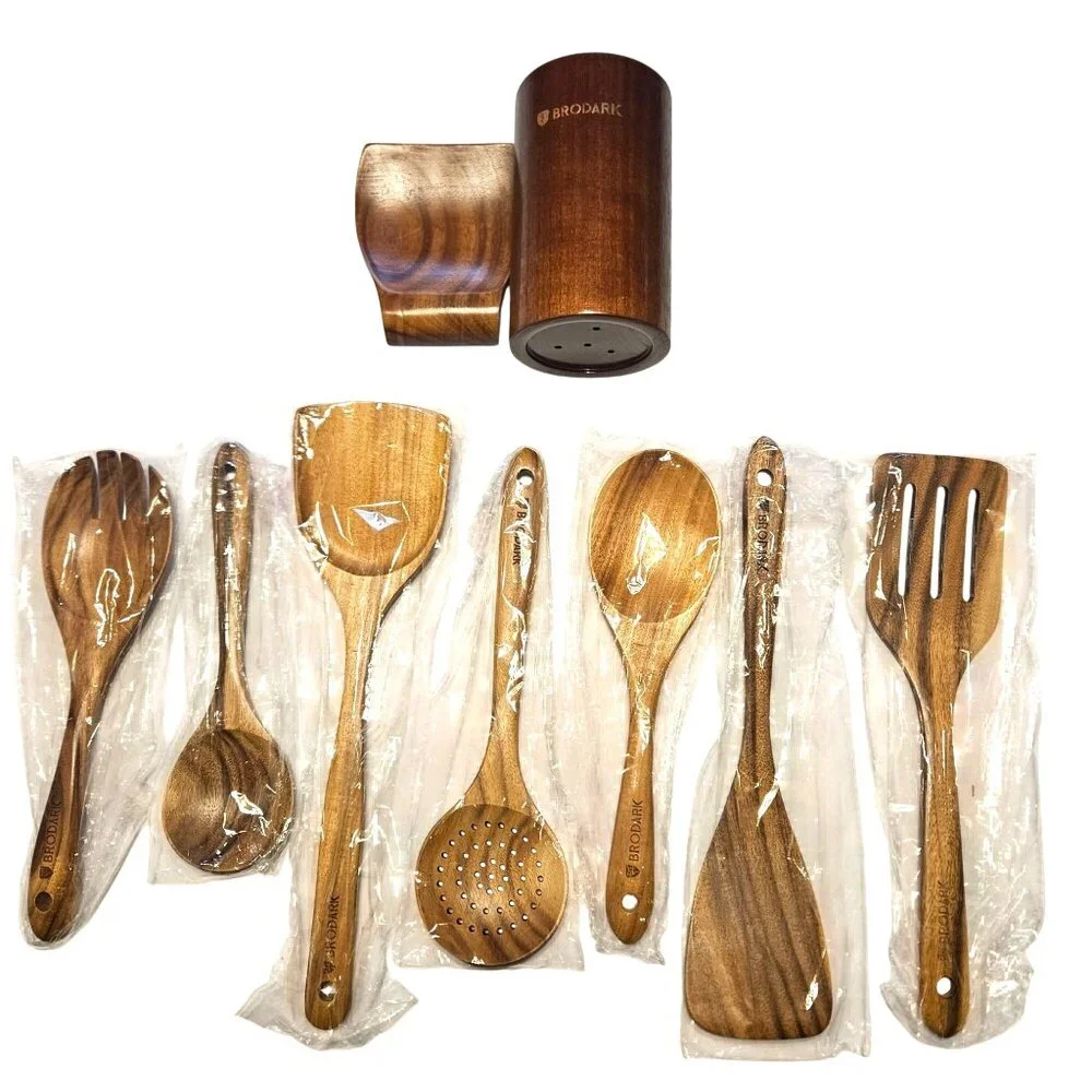 Brodark Kitchen Wooden Utensil Set With Holder & Spoon Rest - 7 Pieces